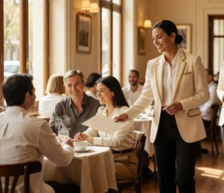 Equipo de anfitriones de Royal Flush Diner recibiendo a los invitados con sonrisa y calidez.