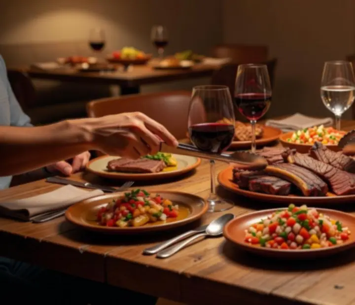 Platos pensados para compartir sobre la mesa, con manos sirviéndose y compartiendo la comida.