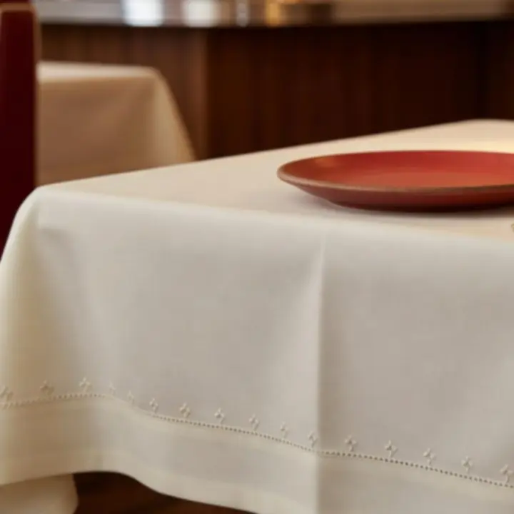 Detalle de una mesa de diner con manteles crema, vajilla brillante y luz c&aacute;lida, lista para una velada social.