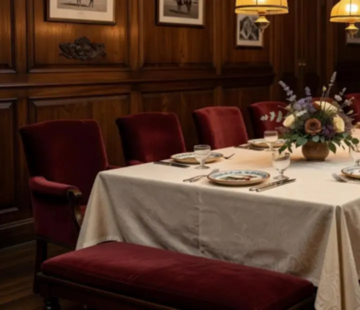 Mesa larga con manteler&iacute;a crema, platos y copas en un sal&oacute;n luminoso de Royal Flush Diner.