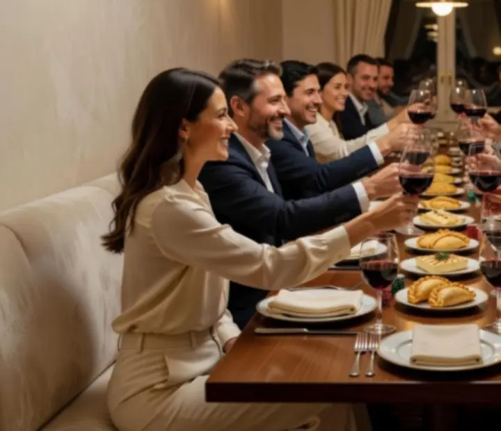 Grupo de personas reunidas en una cena, compartiendo una mesa larga en un salón cálido.