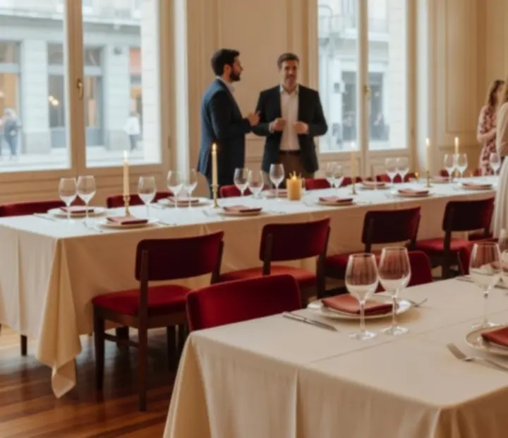 Salón luminoso de Royal Flush Diner preparado para un evento privado con mesas largas y luz suave.