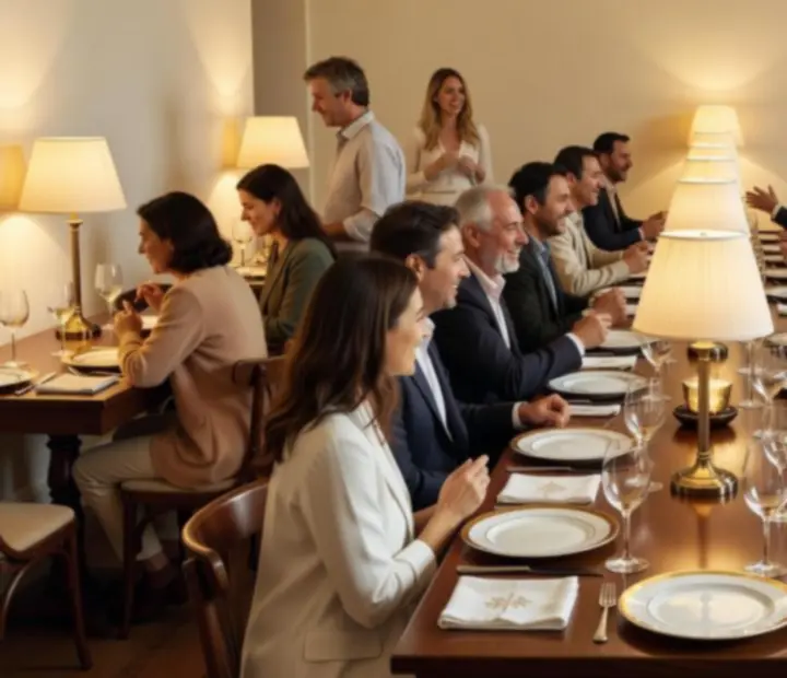 Salón luminoso con una mesa larga servida, platos y copas listas para una cena cálida en Royal Flush Diner.