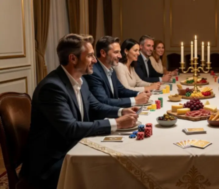 Mesa de póker social de Royal Flush Diner con fichas simbólicas y cartas, pensada como entretenimiento después de la cena.