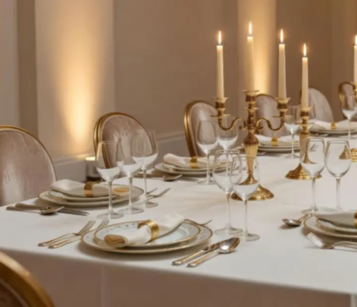 Mesa servida con vajilla impecable, copas de cristal y mantel bordado en un ambiente cálido.