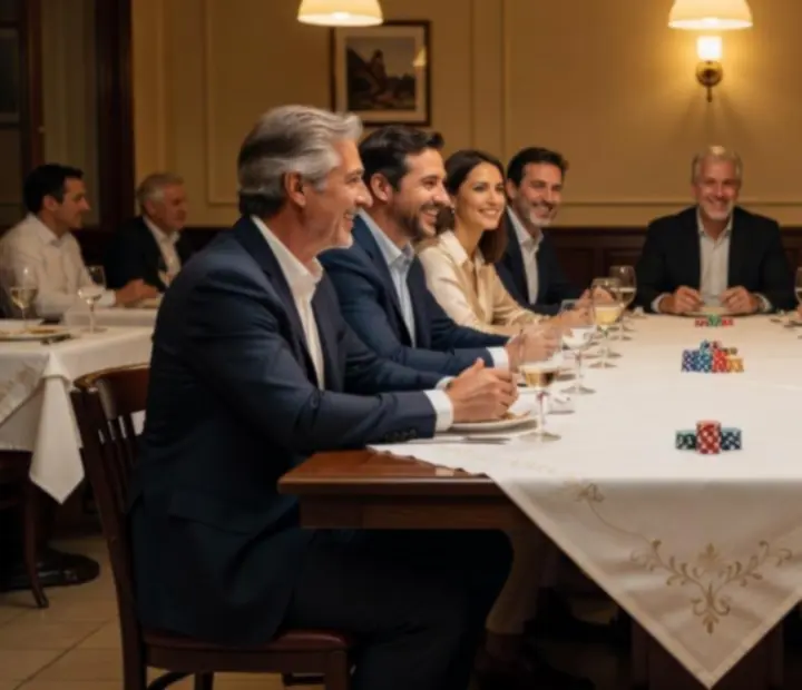 Mesa de p&oacute;ker presencial con manteles claros, copas y un grupo compartiendo una noche c&aacute;lida en el diner Royal Flush.