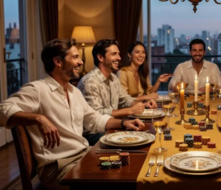 Grupo de amigos compartiendo una mesa de póker social con fichas simbólicas durante una cena.
