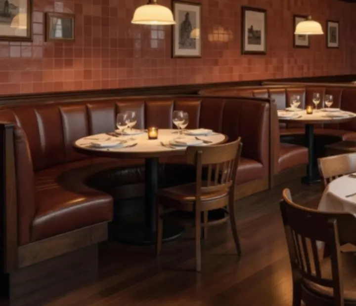 Salón principal del diner con mesas largas vestidas, luz cálida y detalles cuidados.