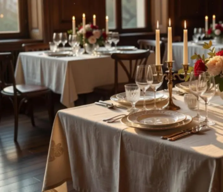 Mesa de cena con velas encendidas, copas y detalles de servicio en Royal Flush Diner.