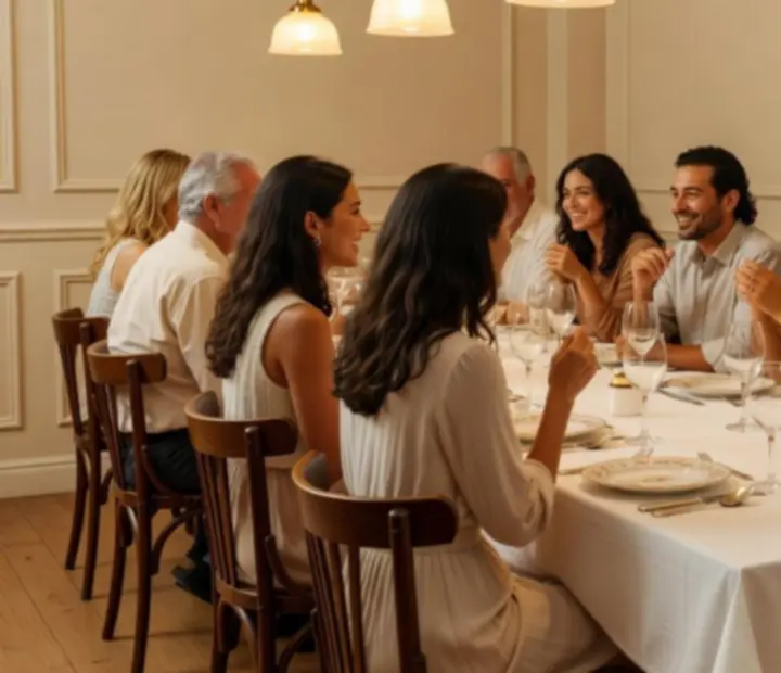 Mesa larga iluminada al atardecer con comensales compartiendo una cena en Royal Flush Diner.